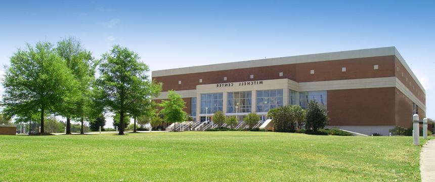 mitchell center entrance from across the lawn on north side